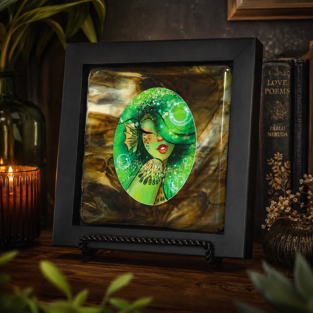Original Framed Mermaid Mixed Media Art | Hand-Poured Acrylic Hand Drawn Siren